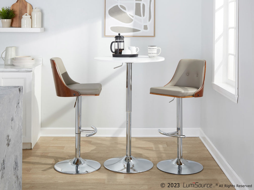 Gianna Adjustable Barstool - Set of 2 - Chrome Metal, Walnut Wood, Light Grey PU