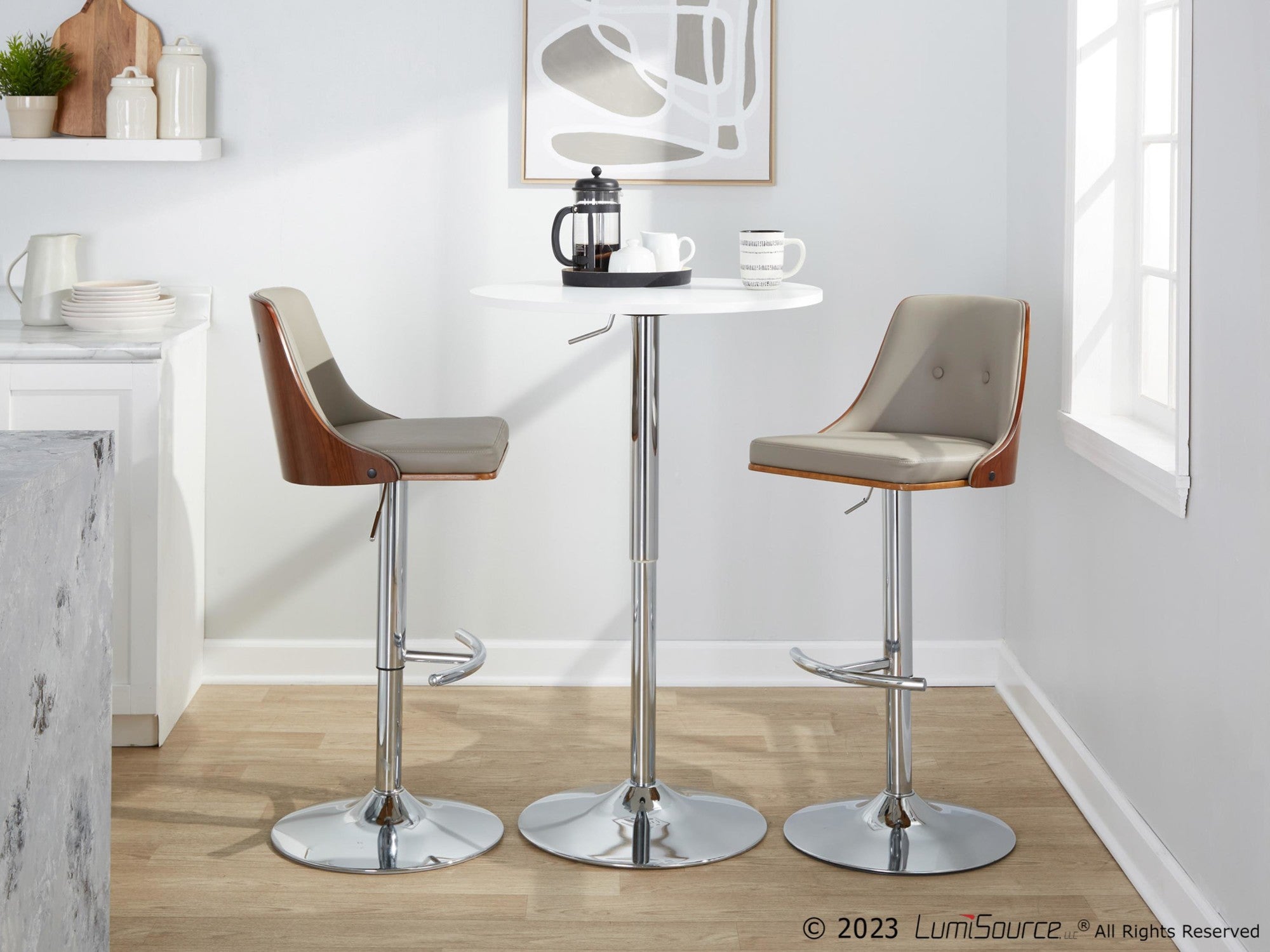 Gianna Adjustable Barstool - Set of 2 - Chrome Metal, Walnut Wood, Light Grey PU