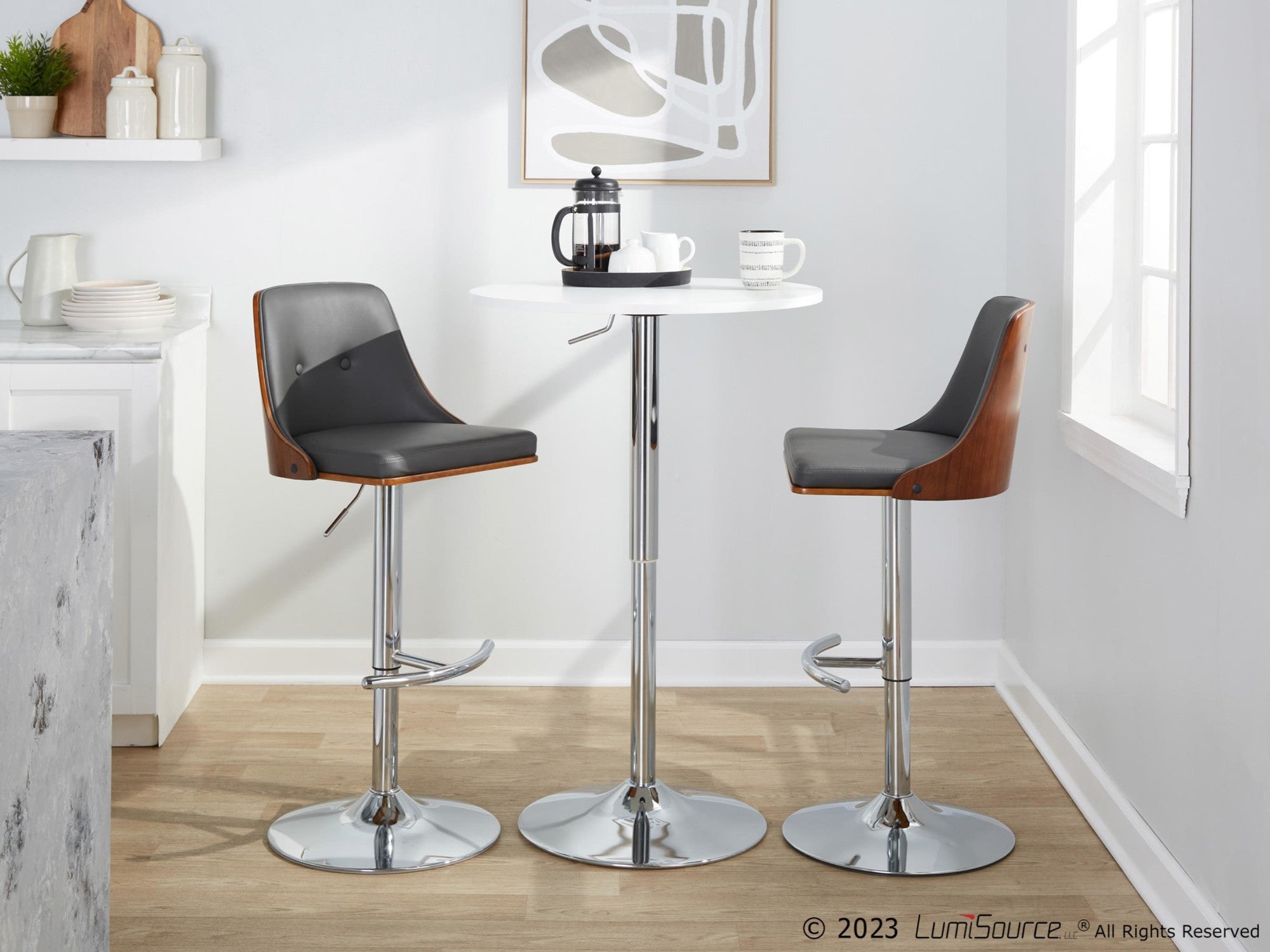 Gianna Adjustable Barstool - Set of 2 - Chrome Metal, Walnut Wood, Grey PU