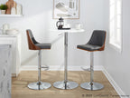 Gianna Adjustable Barstool - Set of 2 - Chrome Metal, Walnut Wood, Grey PU