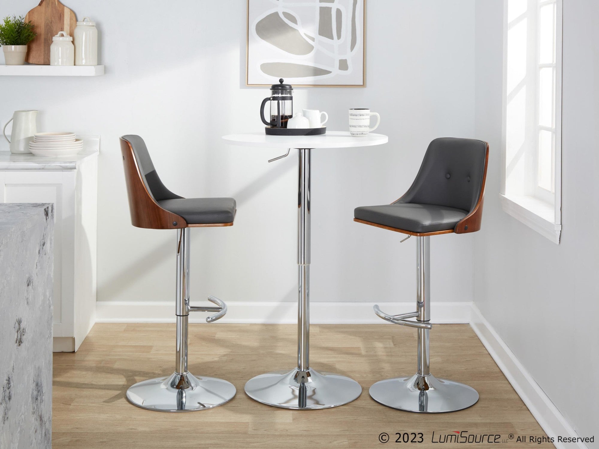 Gianna Adjustable Barstool - Set of 2 - Chrome Metal, Walnut Wood, Grey PU