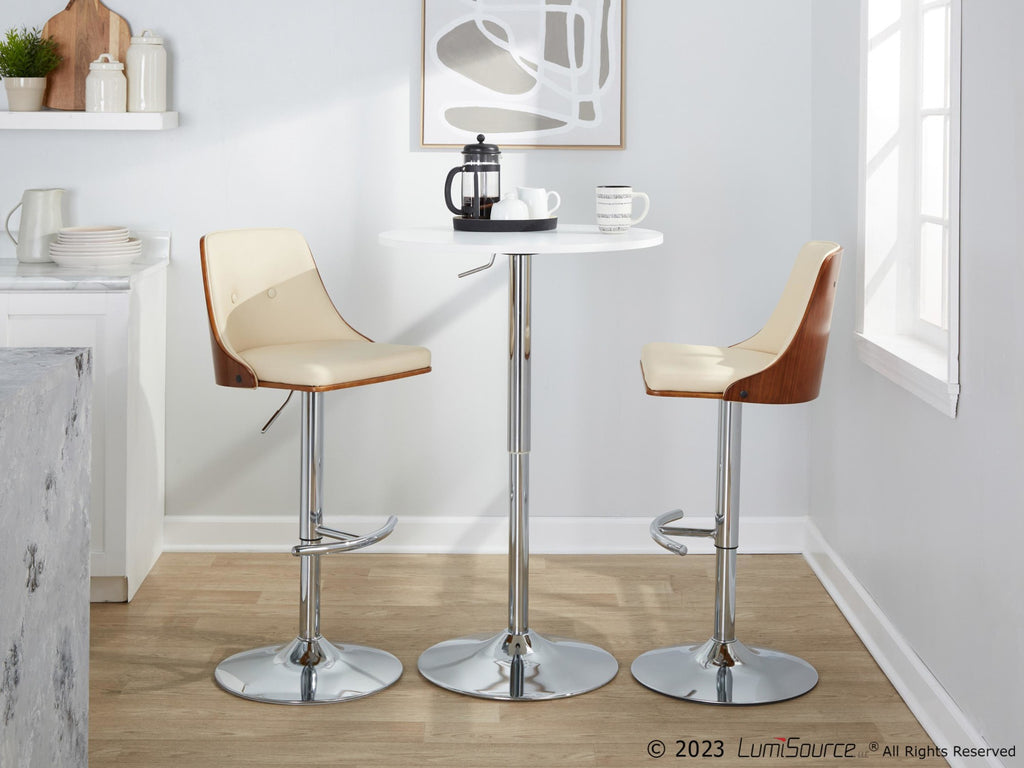 Gianna Adjustable Barstool - Set of 2 - Chrome Metal, Walnut Wood, Cream PU