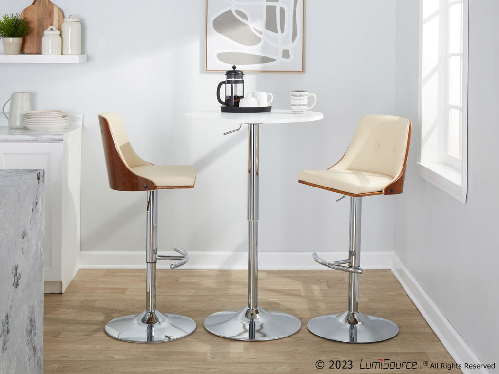 Gianna Adjustable Barstool - Set of 2 - Chrome Metal, Walnut Wood, Cream PU