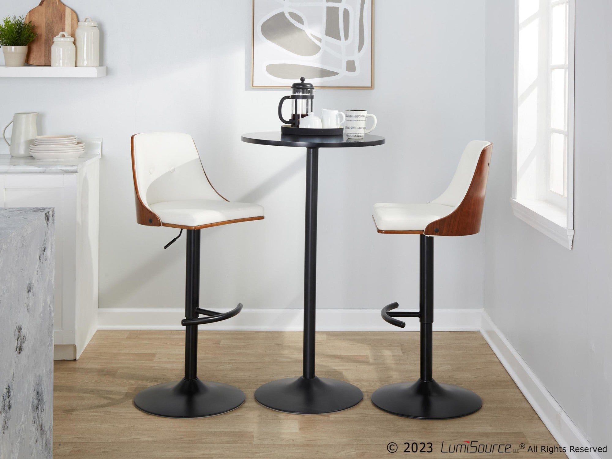 Gianna Adjustable Barstool - Set of 2 - Black Metal, Walnut Wood, White PU