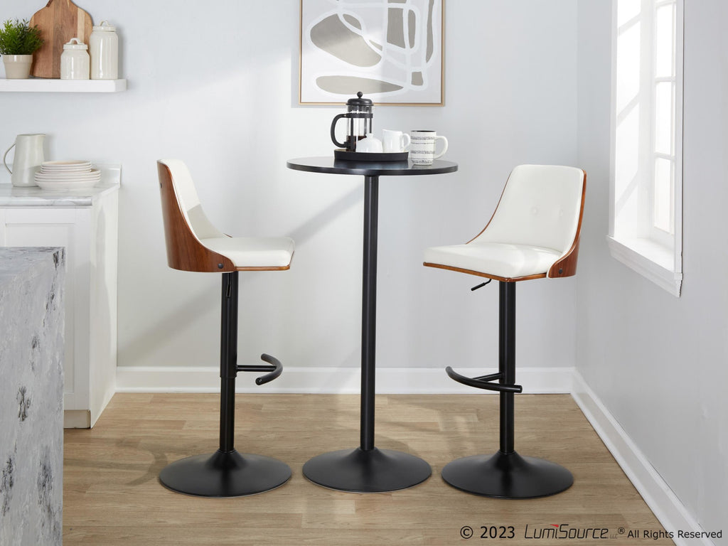 Gianna Adjustable Barstool - Set of 2 - Black Metal, Walnut Wood, White PU