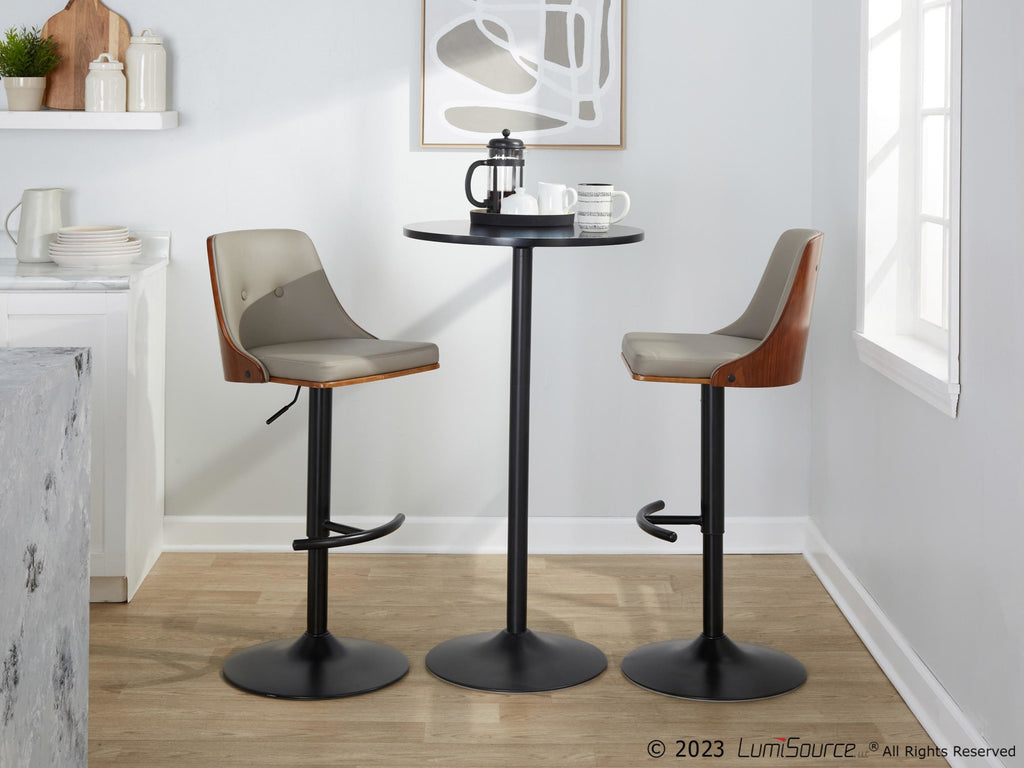 Gianna Adjustable Barstool - Set of 2 - Matte Black Metal, Walnut Wood, Light Grey PU