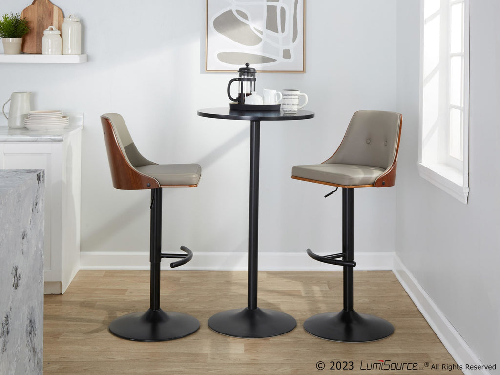 Gianna Adjustable Barstool - Set of 2 - Matte Black Metal, Walnut Wood, Light Grey PU