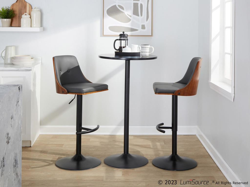 Gianna Adjustable Barstool - Set of 2 - Matte Black Metal, Walnut Wood, Grey PU