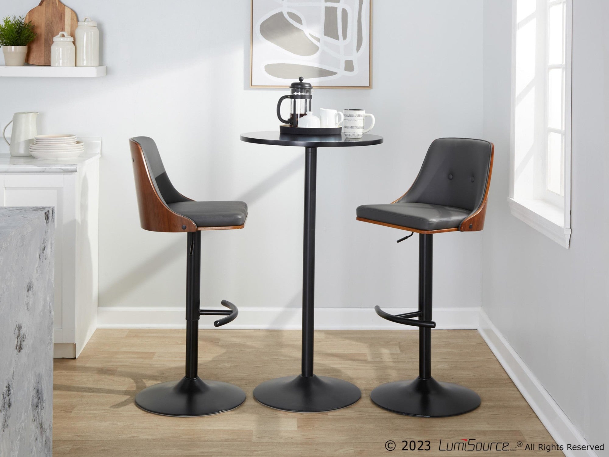 Gianna Adjustable Barstool - Set of 2 - Matte Black Metal, Walnut Wood, Grey PU