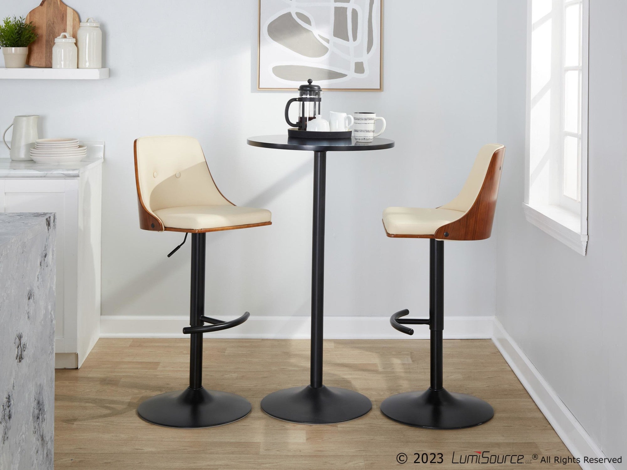 Gianna Adjustable Barstool - Set of 2 - Black Metal, Walnut Wood, Cream PU