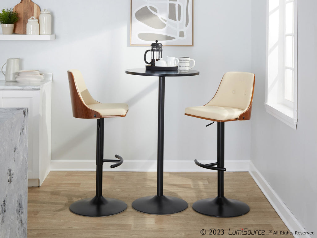 Gianna Adjustable Barstool - Set of 2 - Black Metal, Walnut Wood, Cream PU