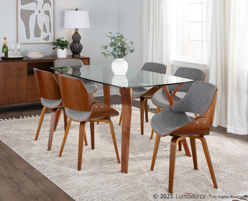 Folia Fabrizzi Dining Set - 7 Piece - Walnut Wood, Clear Glass, Grey Fabric