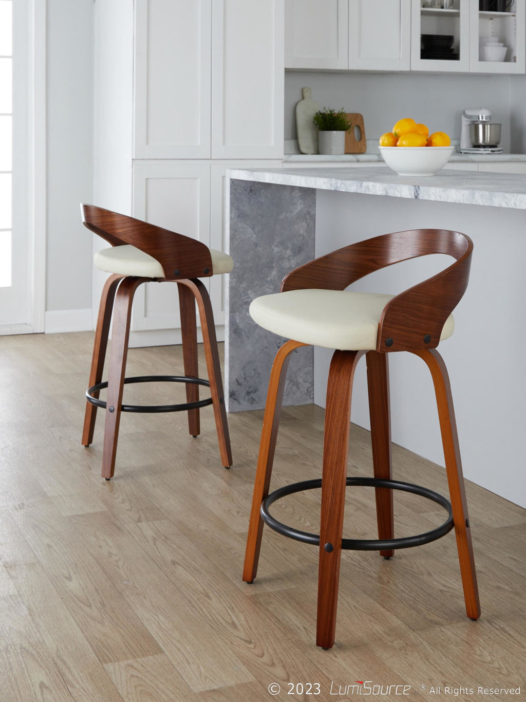 Grotto 26" Fixed-Height Counter Stool - Set of 2 - Walnut Wood, Black Metal, Cream PU