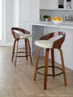 Grotto 26" Fixed-Height Counter Stool - Set of 2 - Walnut Wood, Black Metal, Cream PU