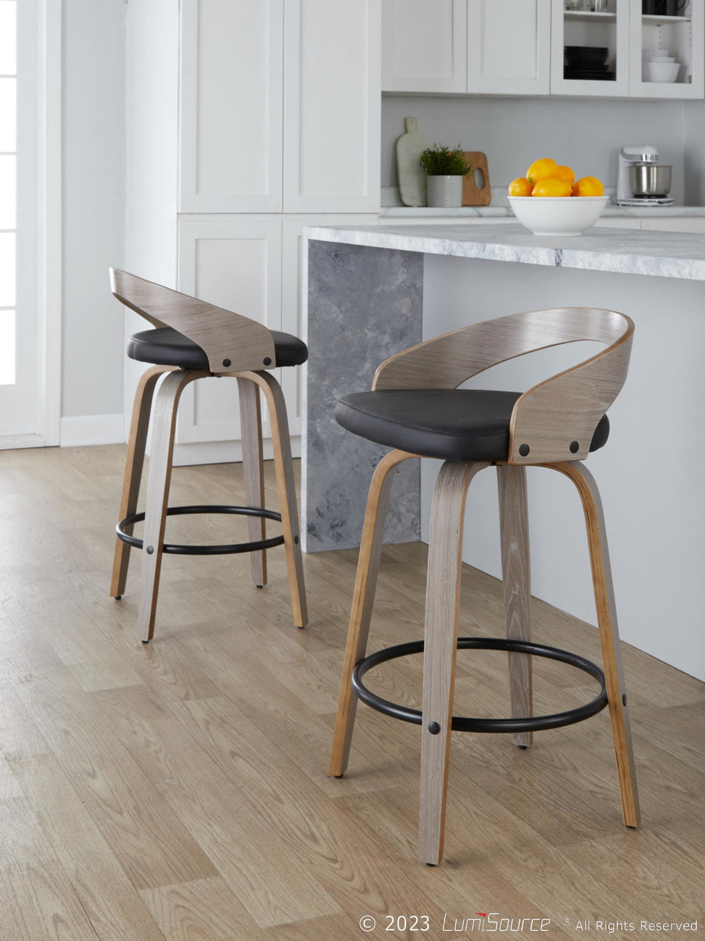 Grotto 26" Fixed-Height Counter Stool - Set of 2 - Light Grey Wood, Black Metal, Black PU