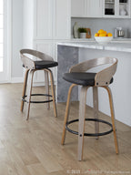 Grotto 26" Fixed-Height Counter Stool - Set of 2 - Light Grey Wood, Black Metal, Black PU
