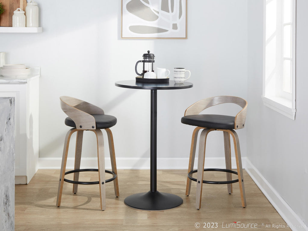 Grotto 26" Fixed-Height Counter Stool - Set of 2 - Light Grey Wood, Black Metal, Black PU