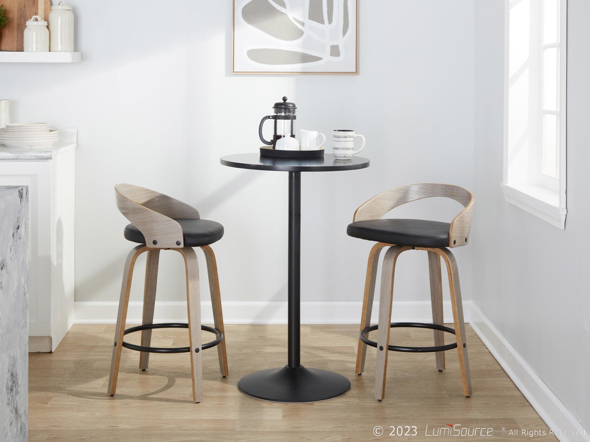 Grotto 26" Fixed-Height Counter Stool - Set of 2 - Light Grey Wood, Black Metal, Black PU