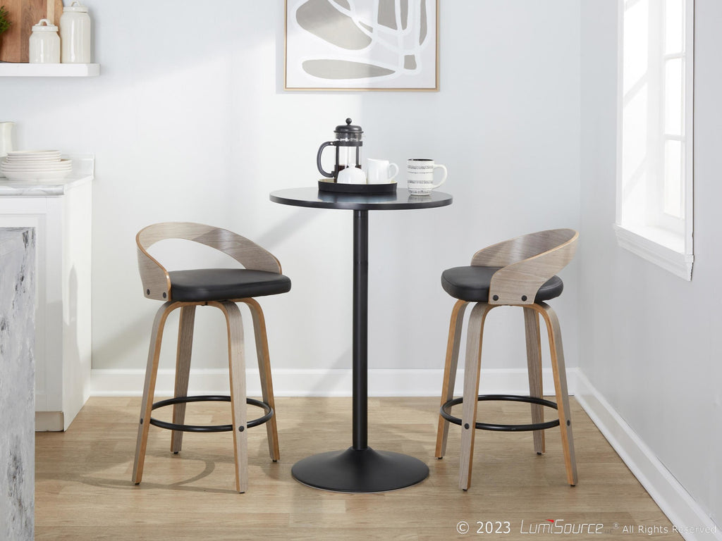 Grotto 26" Fixed-Height Counter Stool - Set of 2 - Light Grey Wood, Black Metal, Black PU