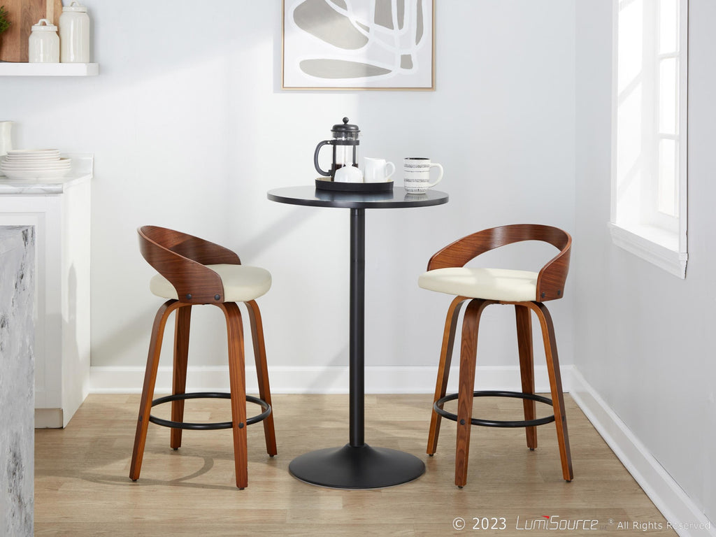 Grotto 26" Fixed-Height Counter Stool - Set of 2 - Walnut Wood, Black Metal, Cream PU