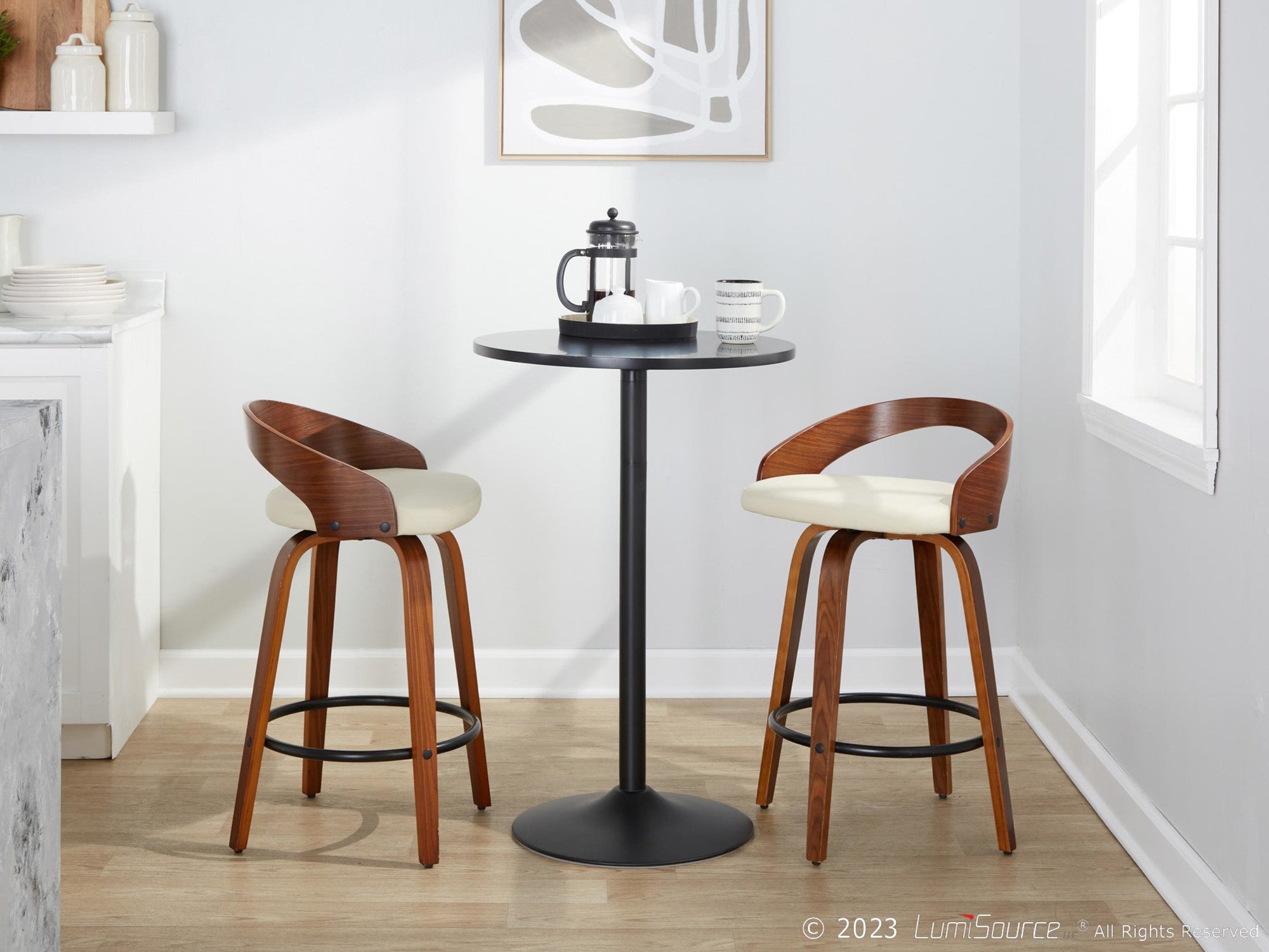 Grotto 26" Fixed-Height Counter Stool - Set of 2 - Walnut Wood, Black Metal, Cream PU