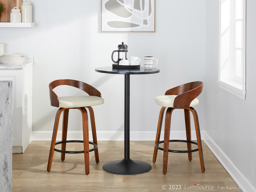 Grotto 26" Fixed-Height Counter Stool - Set of 2 - Walnut Wood, Black Metal, Cream PU