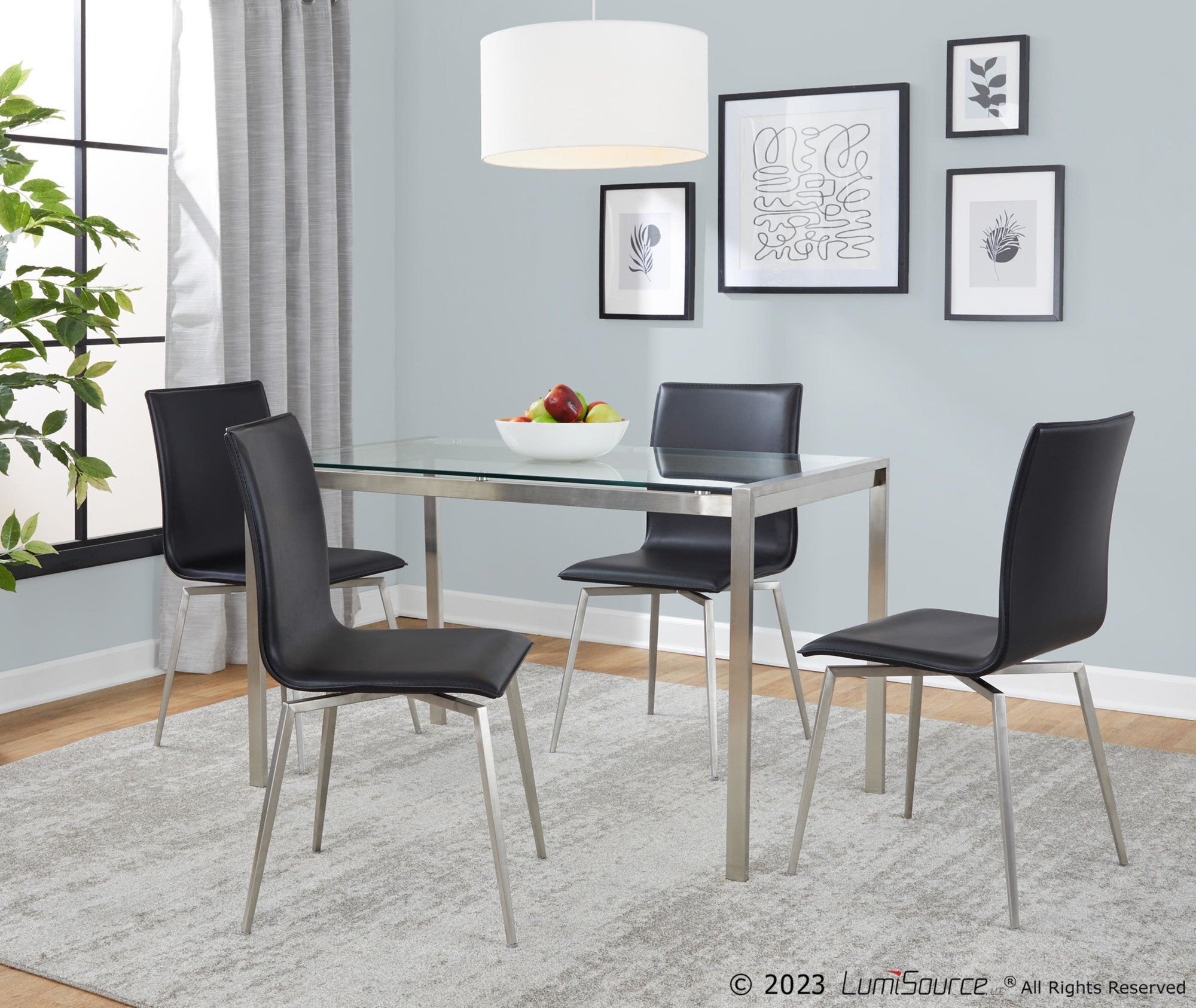 Fuji-mason Upholstered Swivel Dining Set - 5 Piece - Brushed Stainless Steel, Clear Glass, Black PU