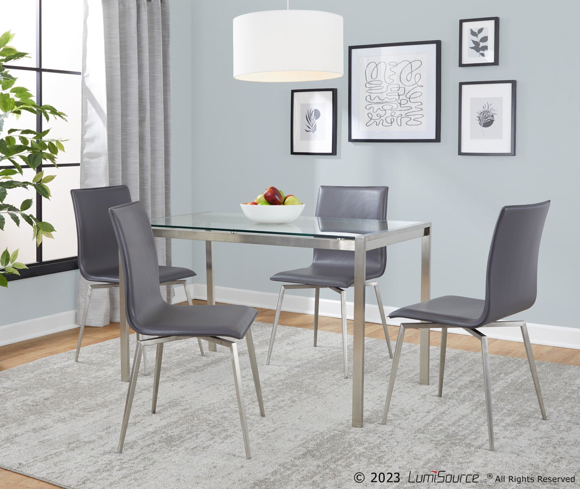 Fuji-mason Upholstered Swivel Dining Set - 5 Piece - Brushed Stainless Steel, Clear Glass, Grey PU