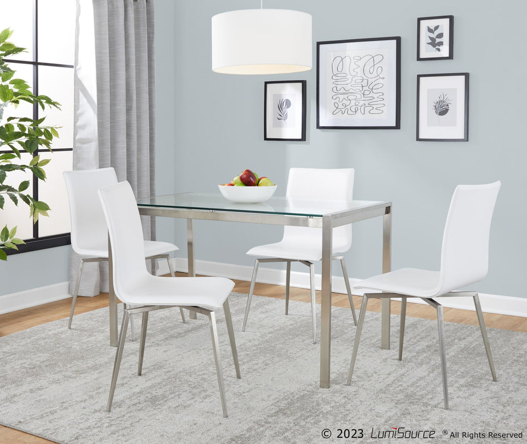 Fuji-mason Upholstered Swivel Dining Set - 5 Piece - Brushed Stainless Steel, Clear Glass, White PU