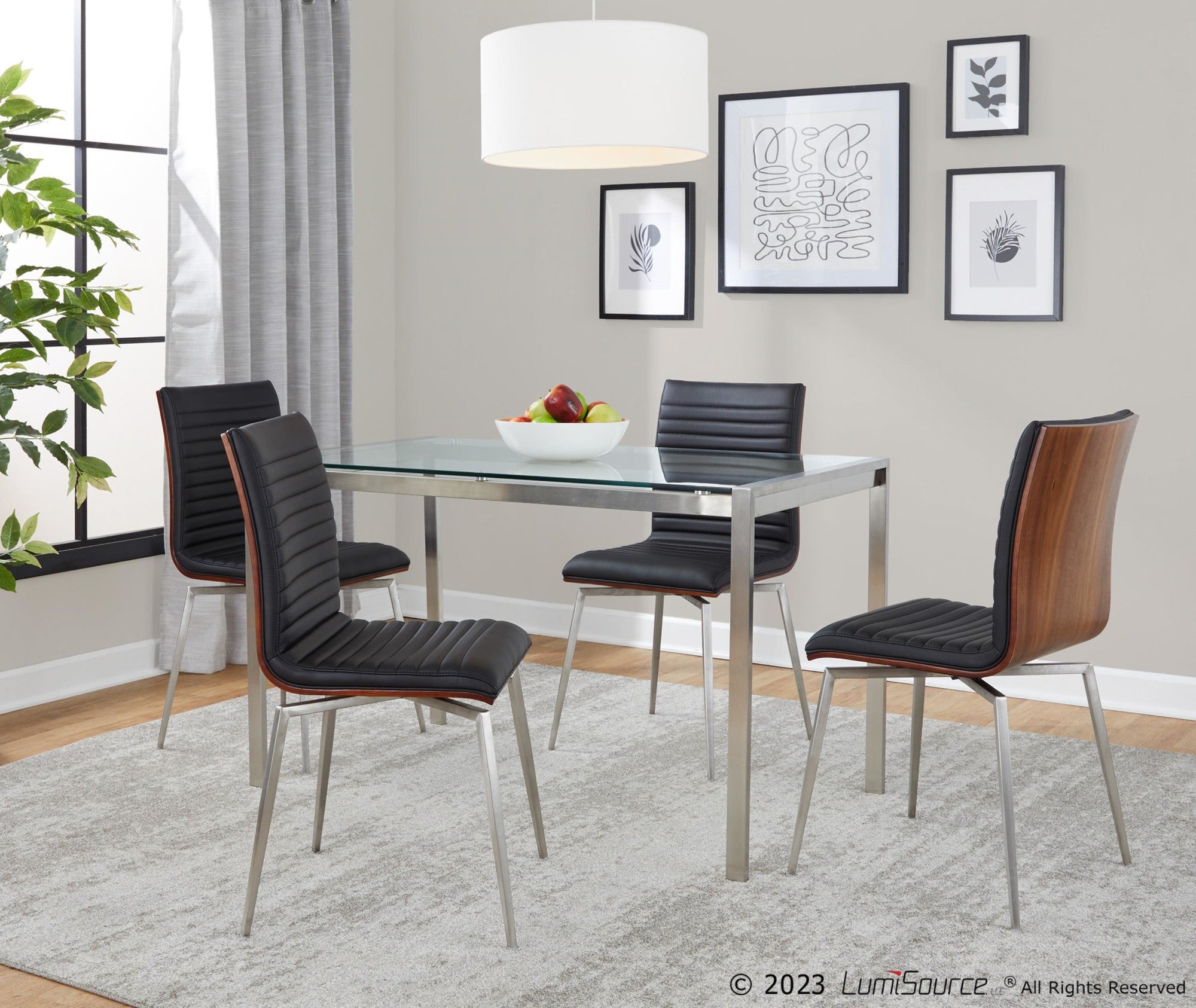 Fuji-mason Swivel Dining Set - 5 Piece - Brushed Stainless Steel, Clear Glass, Walnut Wood, Black PU