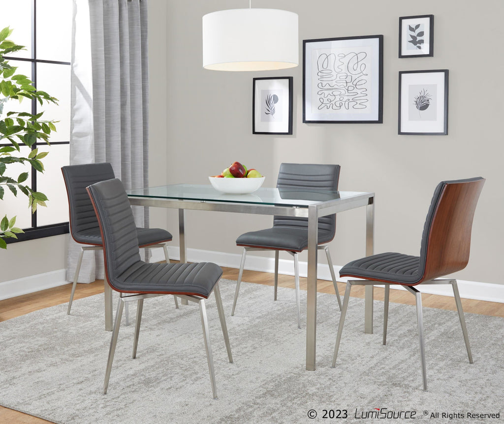 Fuji-mason Swivel Dining Set - 5 Piece - Brushed Stainless Steel, Clear Glass, Walnut Wood, Grey PU