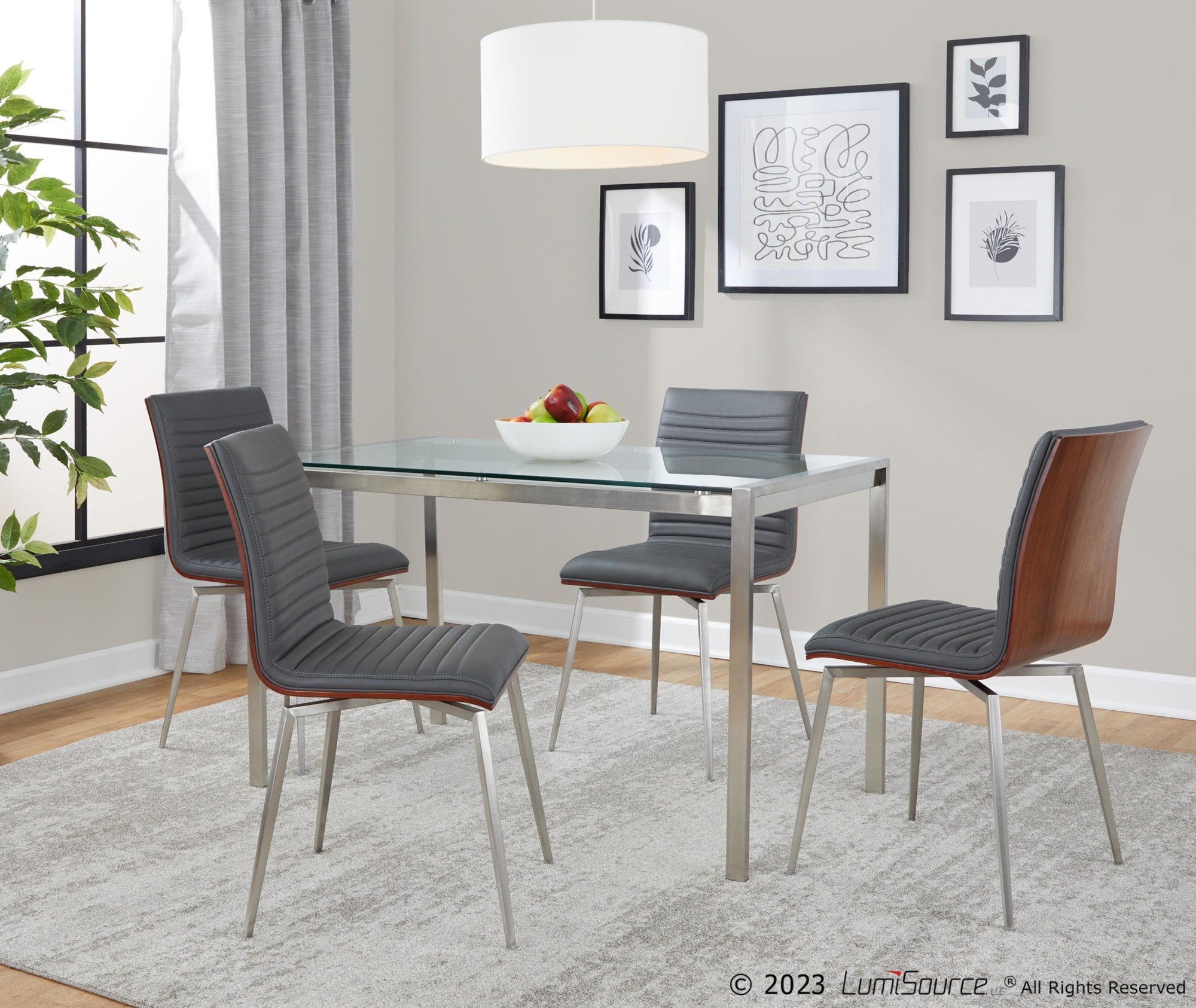 Fuji-mason Swivel Dining Set - 5 Piece - Brushed Stainless Steel, Clear Glass, Walnut Wood, Grey PU