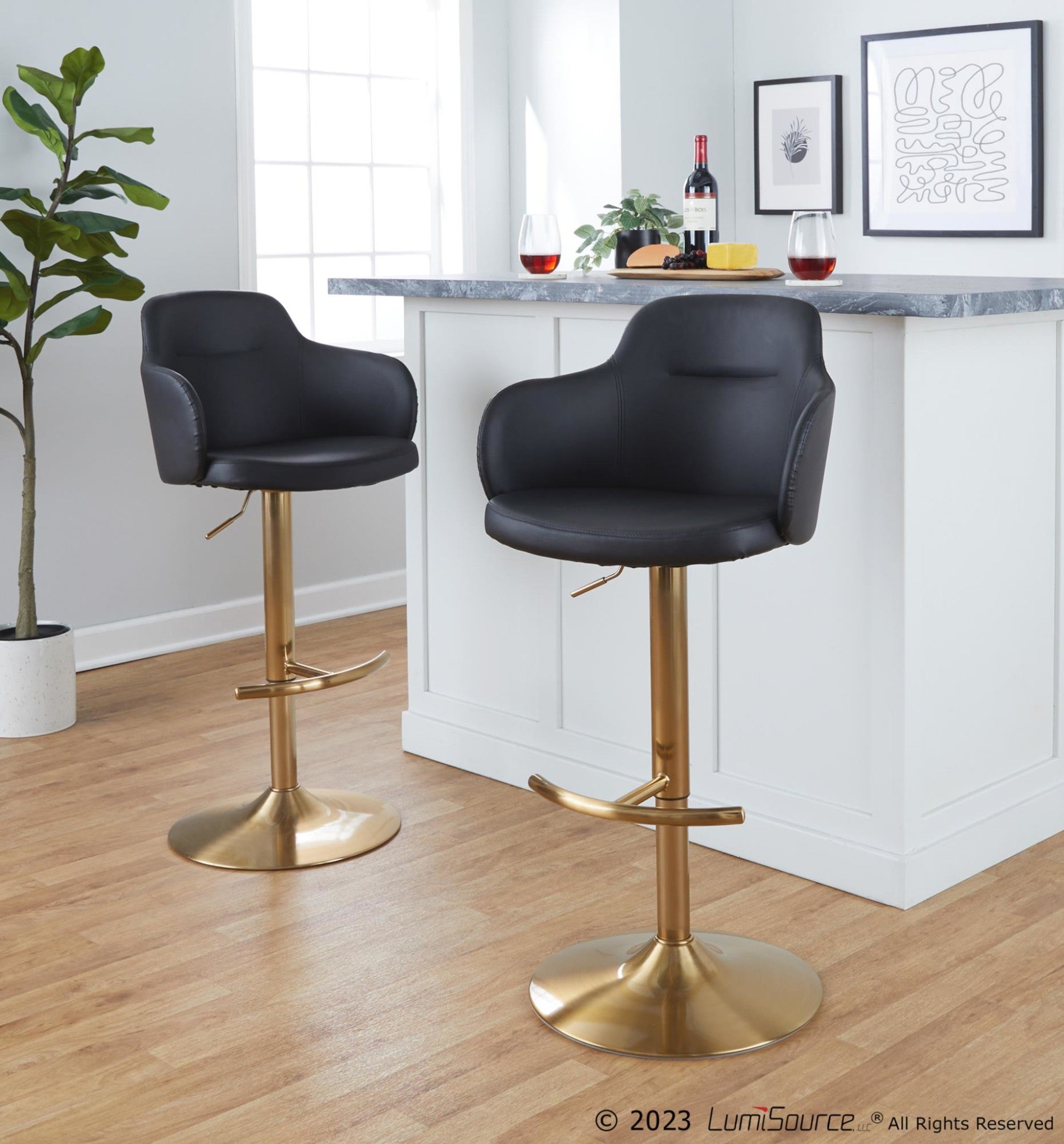 Boyne Adjustable Barstool - Set of 2 - Gold Metal, Black PU