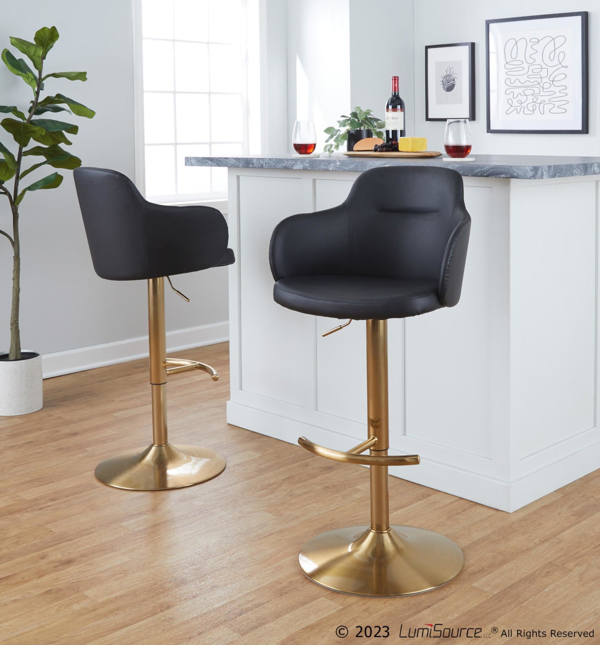 Boyne Adjustable Barstool - Set of 2 - Gold Metal, Black PU