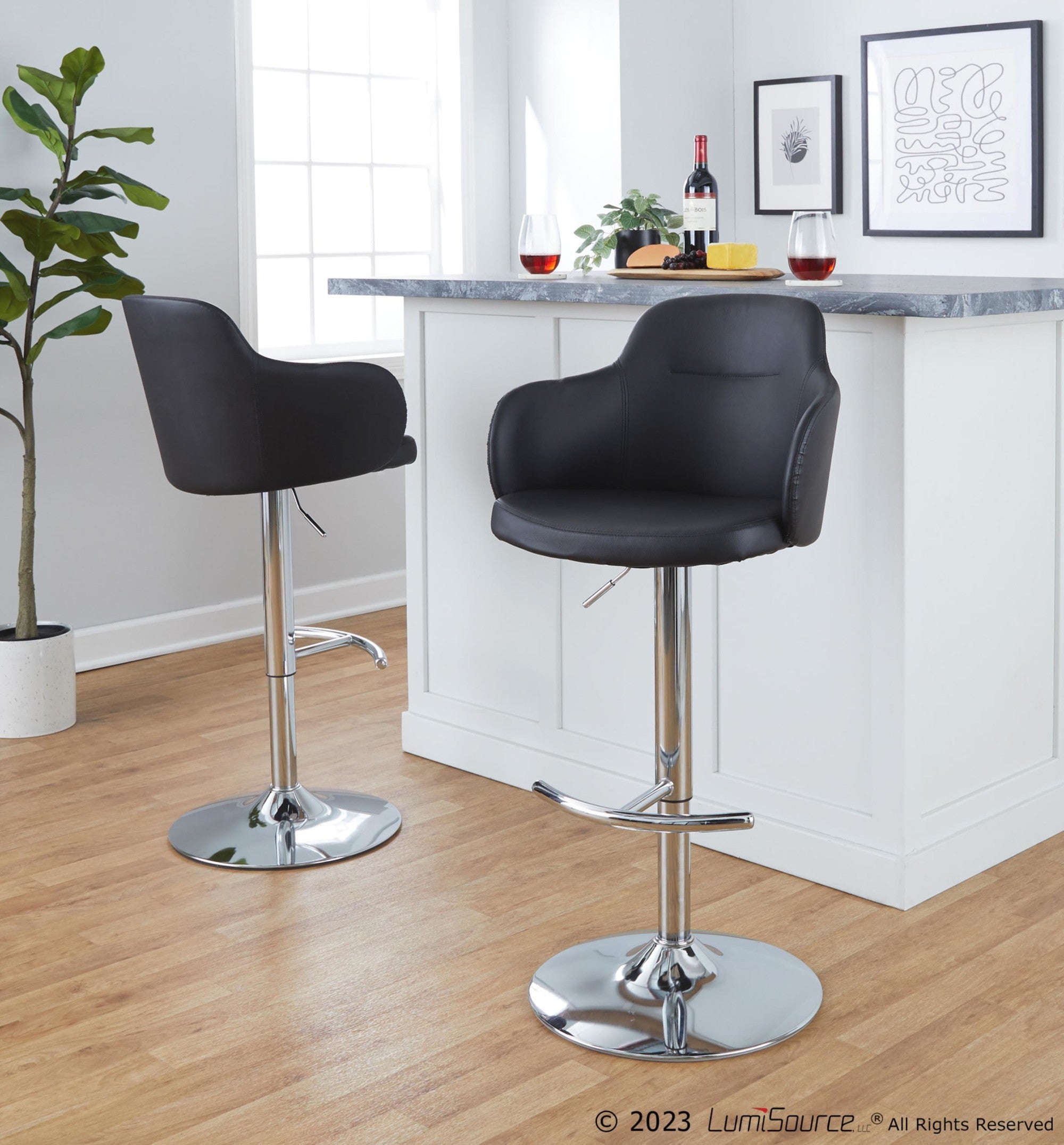 Boyne Adjustable Barstool - Set of 2 - Chrome Metal, Black PU