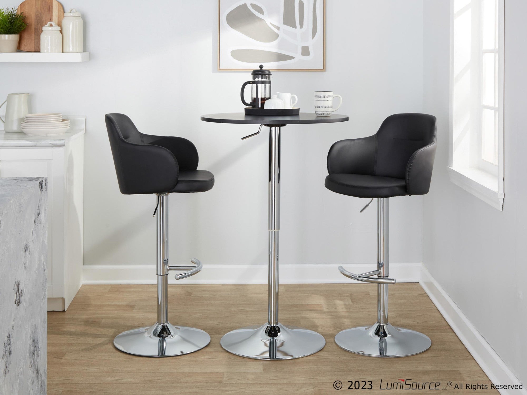 Boyne Adjustable Barstool - Set of 2 - Chrome Metal, Black PU