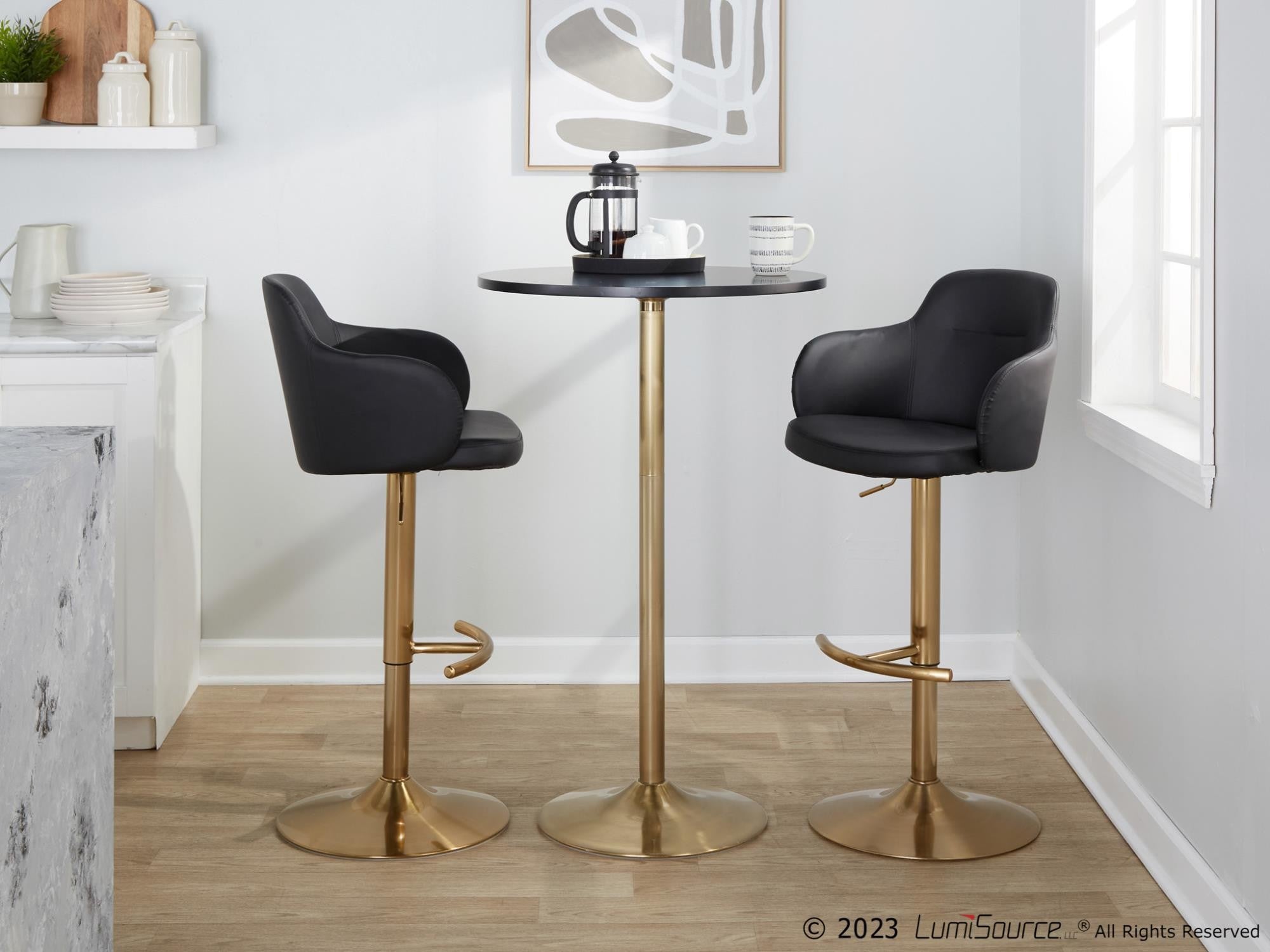 Boyne Adjustable Barstool - Set of 2 - Gold Metal, Black PU