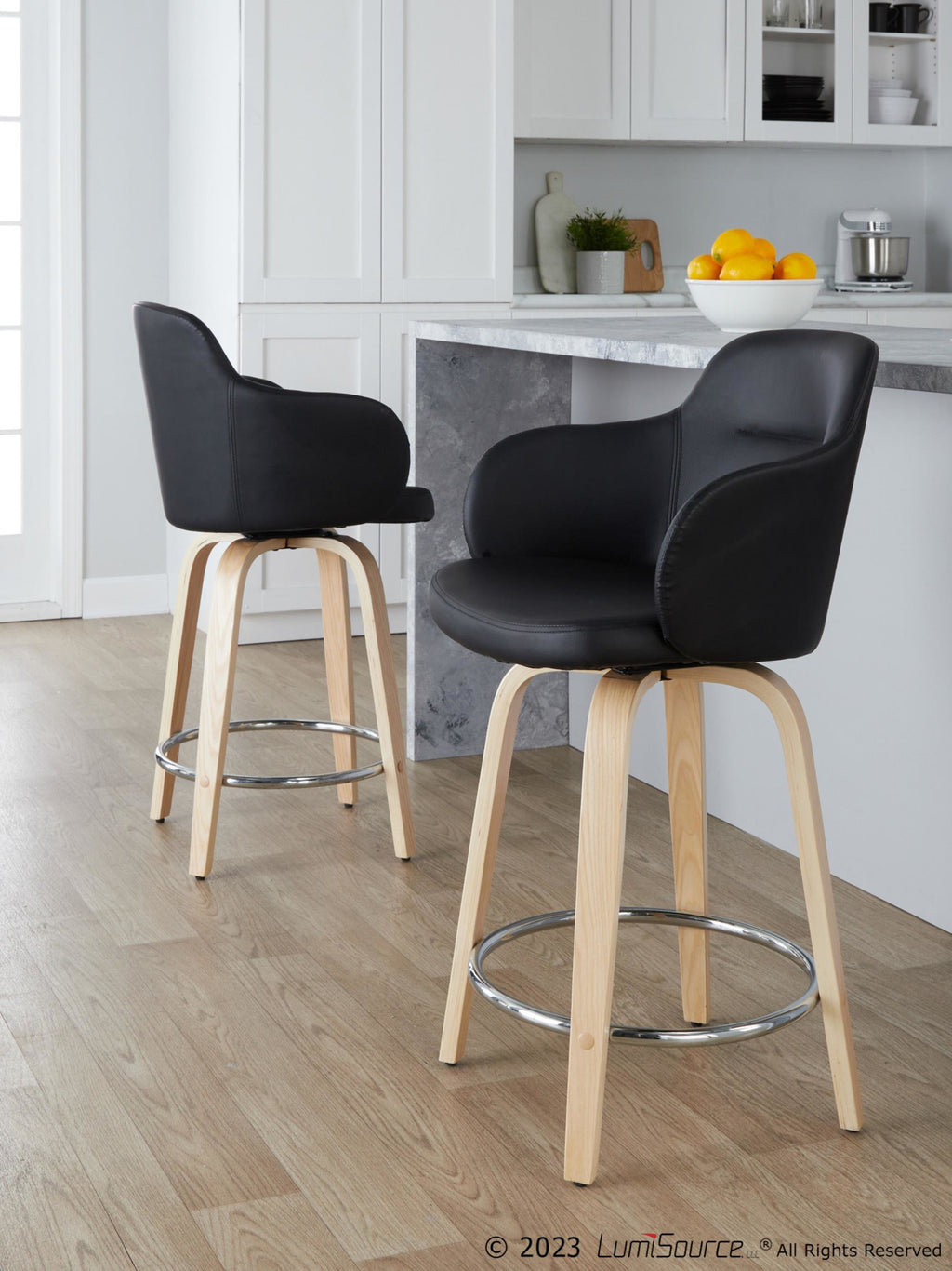 Boyne 24" Fixed-Height Counter Stool - Set of 2 - Natural Wood, Black PU, Chrome Metal