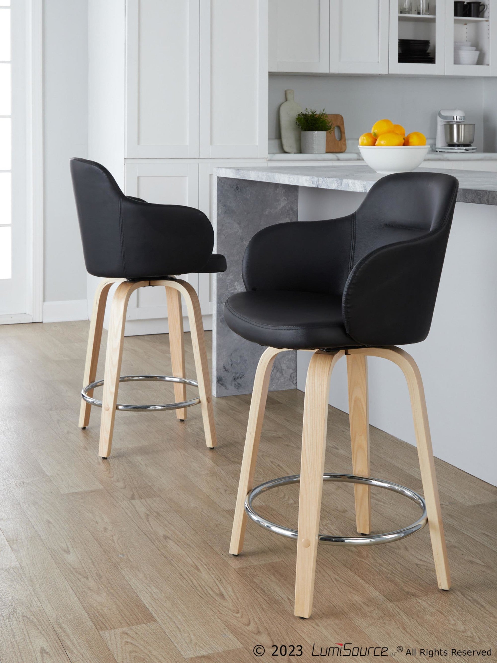 Boyne 24" Fixed-Height Counter Stool - Set of 2 - Natural Wood, Black PU, Chrome Metal