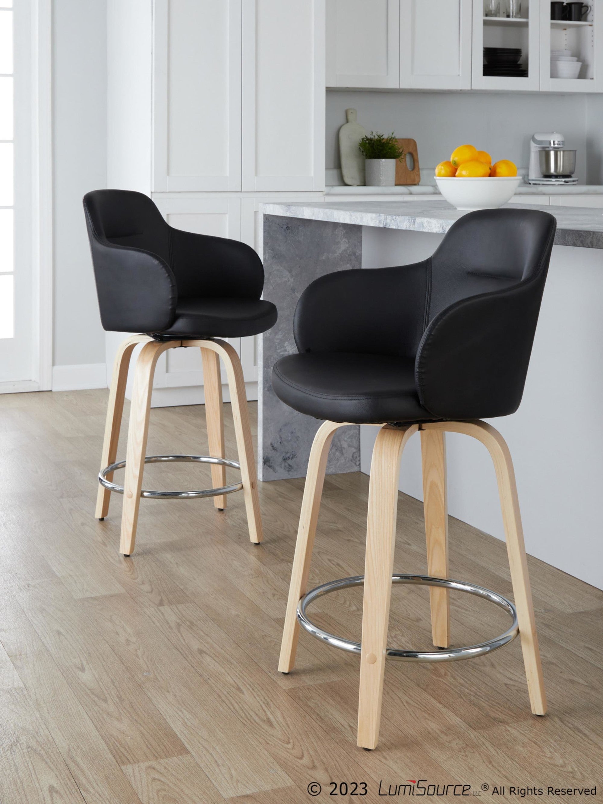 Boyne 24" Fixed-Height Counter Stool - Set of 2 - Natural Wood, Black PU, Chrome Metal