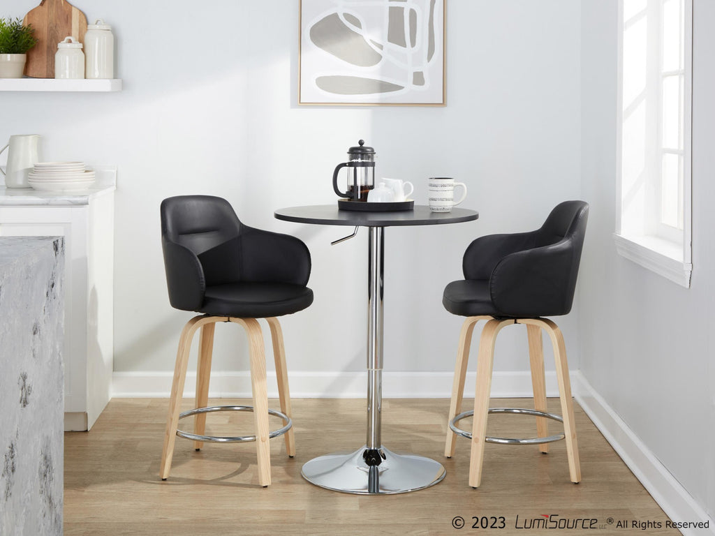 Boyne 24" Fixed-Height Counter Stool - Set of 2 - Natural Wood, Black PU, Chrome Metal