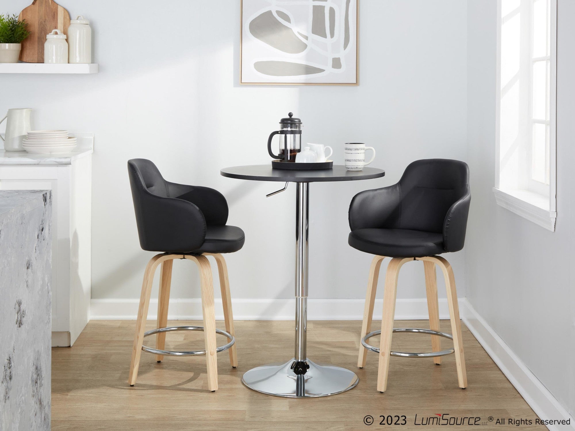 Boyne 24" Fixed-Height Counter Stool - Set of 2 - Natural Wood, Black PU, Chrome Metal
