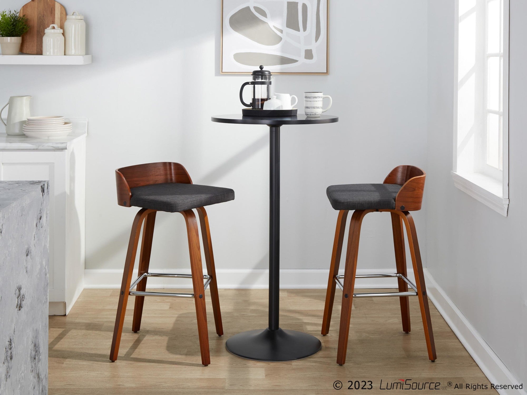 Maya 30" Fixed-Height Barstool - Set of 2 - Chrome Metal, Walnut Wood, Charcoal Fabric