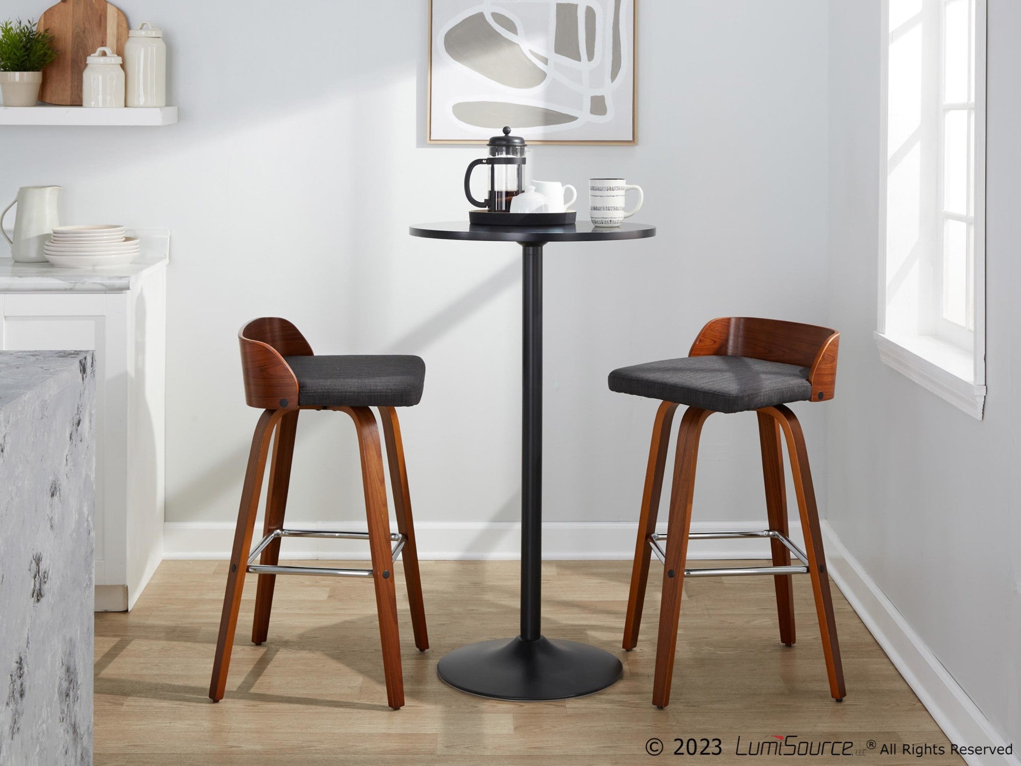 Maya 30" Fixed-Height Barstool - Set of 2 - Chrome Metal, Walnut Wood, Charcoal Fabric