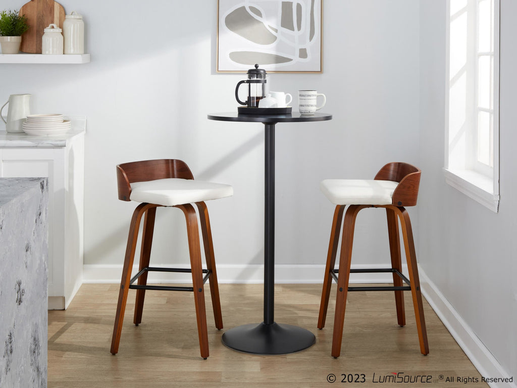Maya 30" Fixed-Height Barstool - Set of 2 - Black Metal, Walnut Wood, Charcoal Fabric