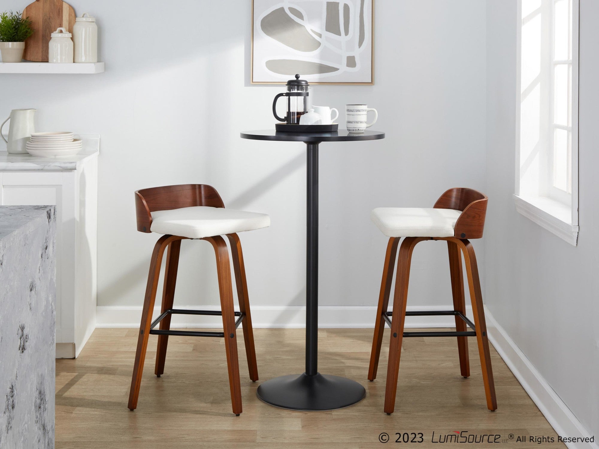 Maya 30" Fixed-Height Barstool - Set of 2 - Black Metal, Walnut Wood, Charcoal Fabric