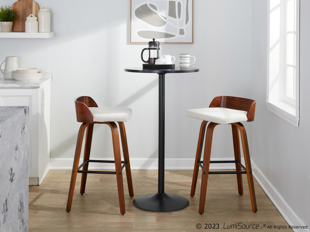 Maya 30" Fixed-Height Barstool - Set of 2 - Black Metal, Walnut Wood, Charcoal Fabric