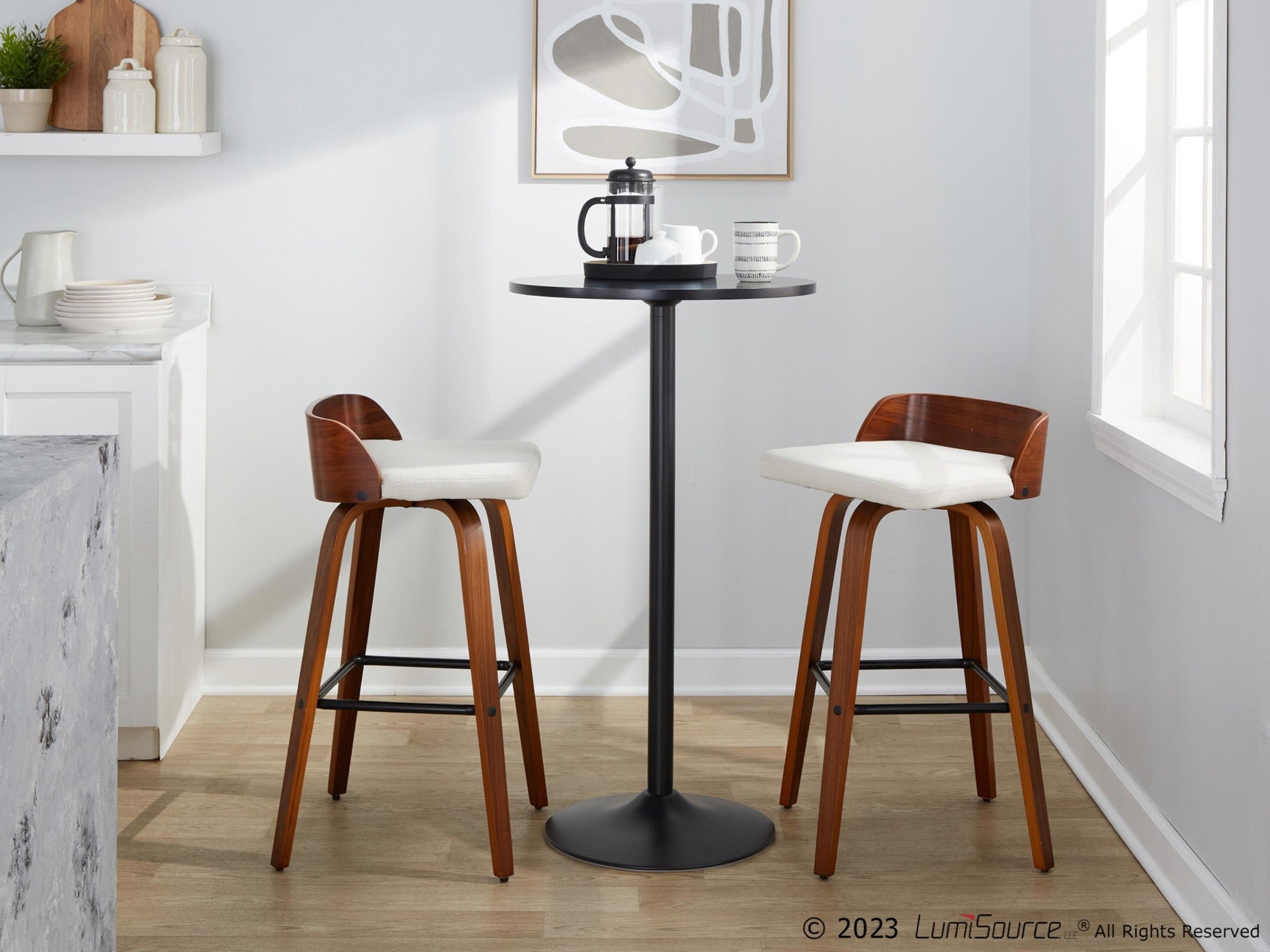 Maya 30" Fixed-Height Barstool - Set of 2 - Black Metal, Walnut Wood, Charcoal Fabric