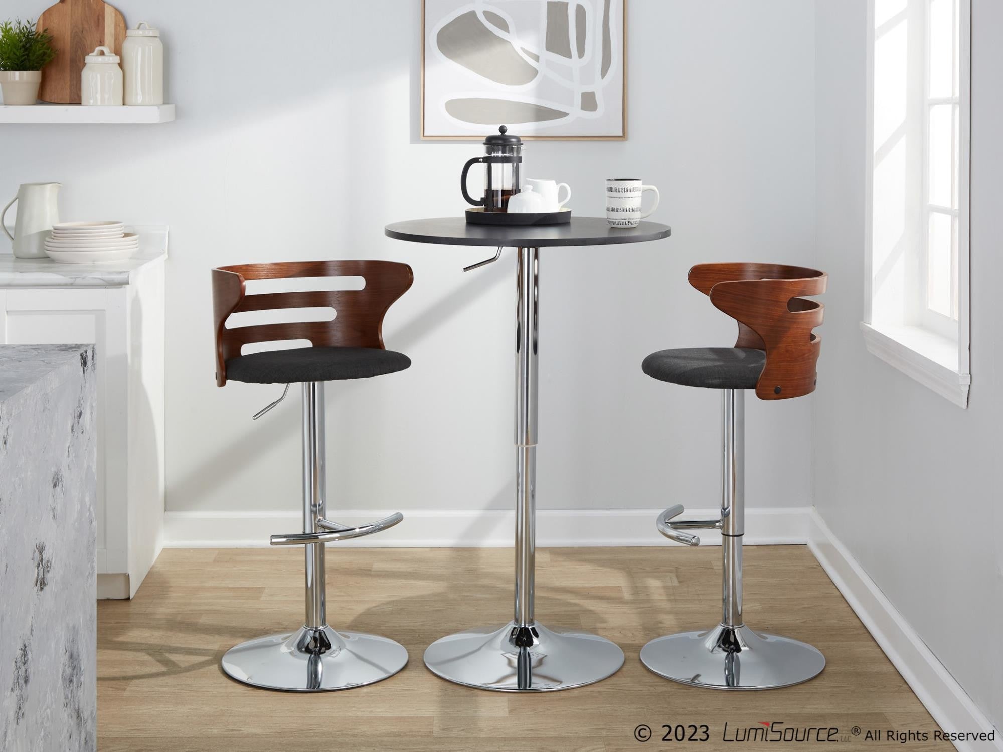 Cosi Adjustable Barstool - Set of 2 - Chrome, Walnut Wood, Charcoal Fabric