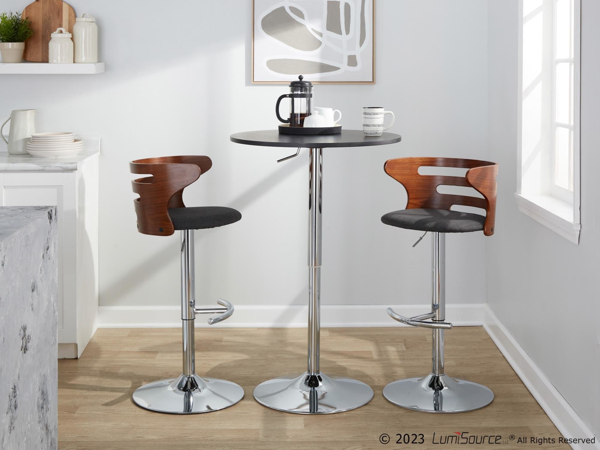 Cosi Adjustable Barstool - Set of 2 - Chrome, Walnut Wood, Charcoal Fabric